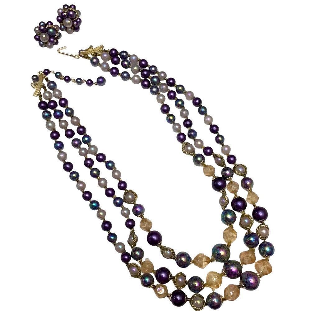 VINTAGE 60’s Purple, White & Gold Triple Strand Necklace with Matching Earrings